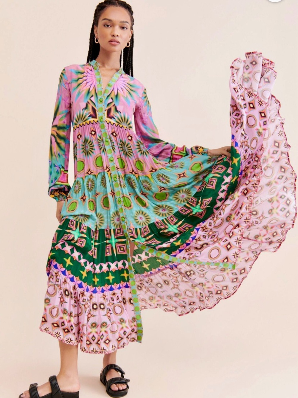 Anthropologie Siddhartha Bansal Pink and Green Maxi dress front Buttoned V Neck